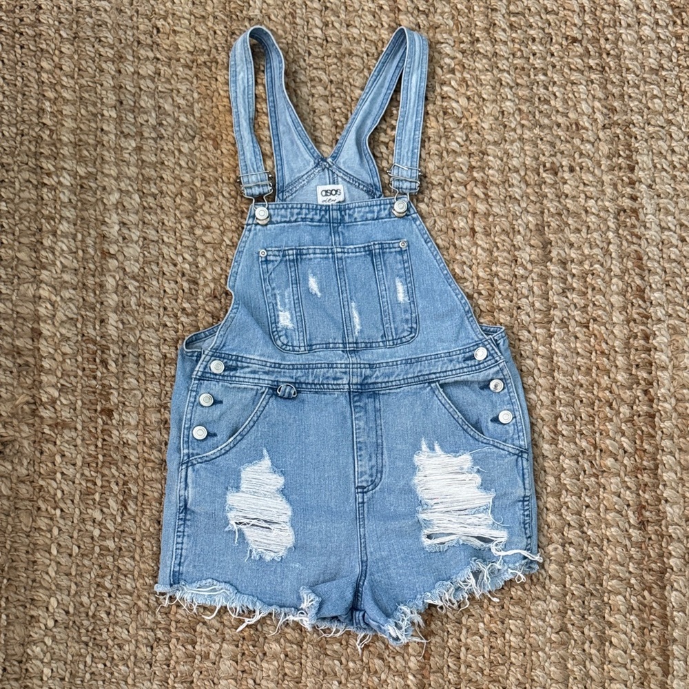 ASOS Light Blue Distressed short Overalls cheeky size us 4
